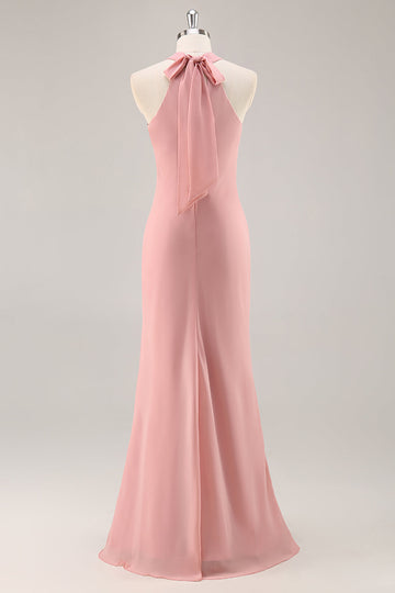 Blush Halter Mermaid Chiffon Long Bridesmaid Dress with Bow